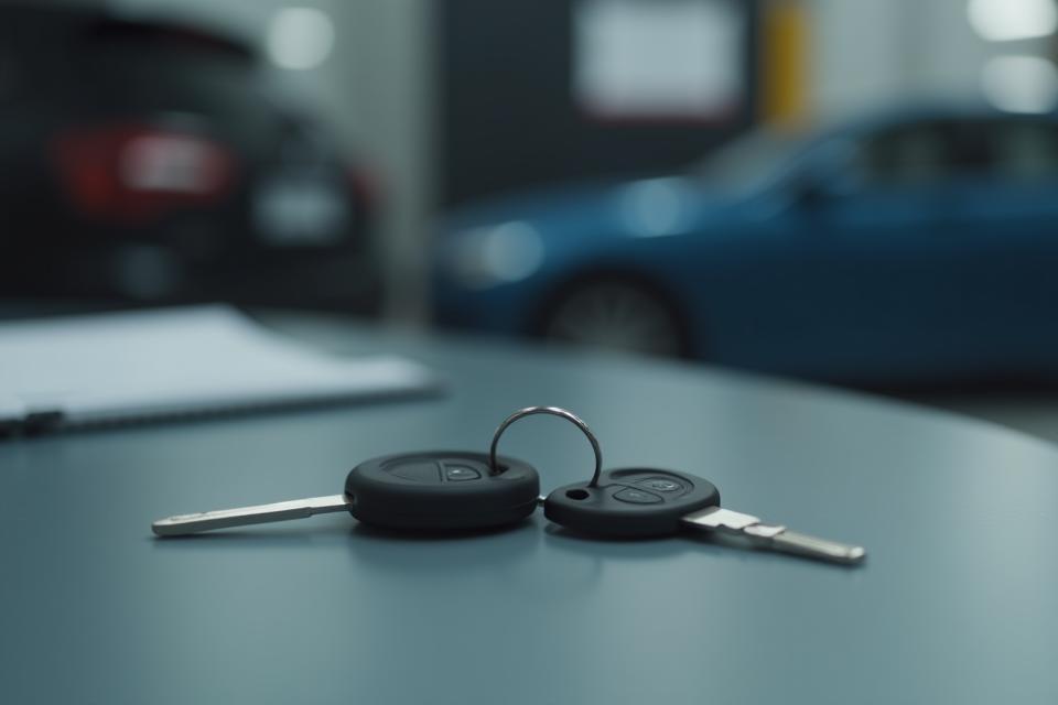 Car key on a service counter in an automotive workshop.