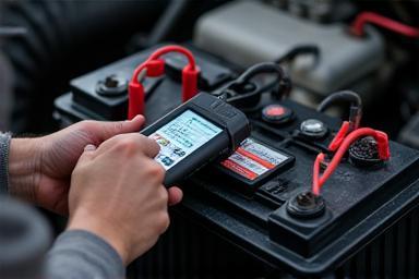 Mechanic testing a car battery with a diagnostic tool.
