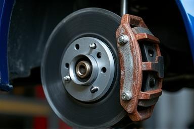 Close-up of brake caliper during a service check.