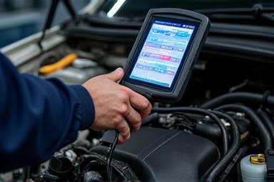 Mechanic using diagnostic tool connected to a car engine.