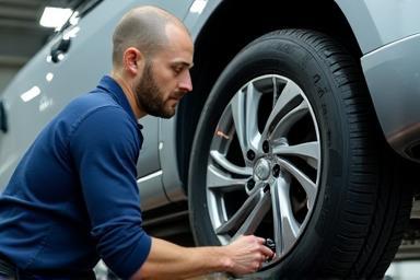 Technician using a tire balancing machine.