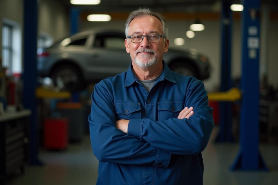 Mr. Tony Grader standing in his auto repair workshop.